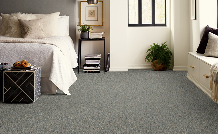 dark grey carpet in bedroom with light walls